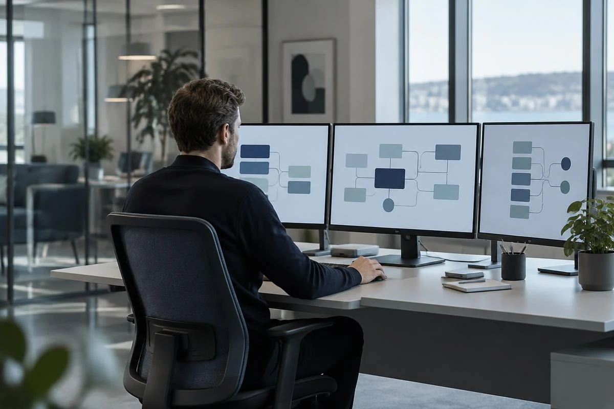 Operations specialist reviewing connected digital workflows in a modern control workspace.