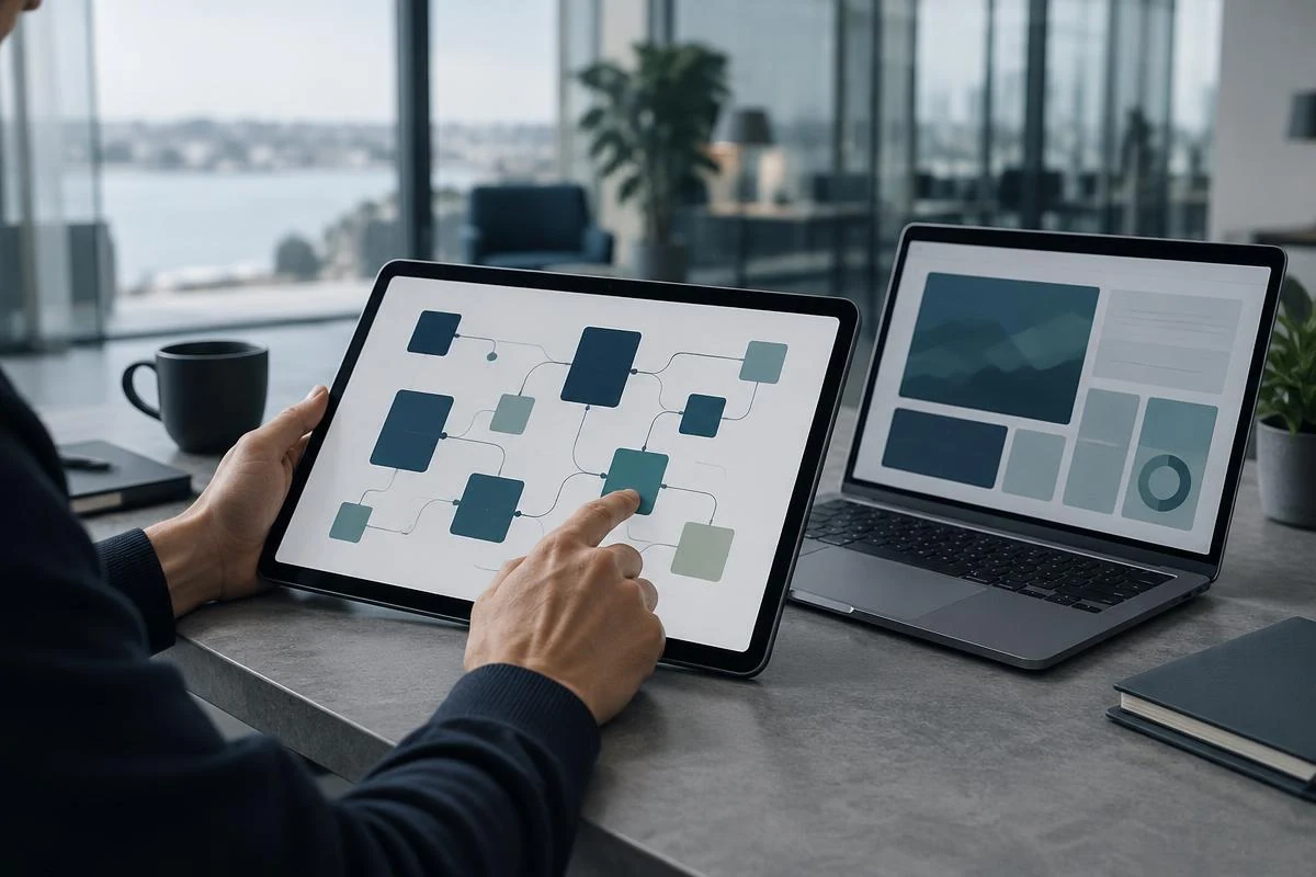 Connected data workflows on a tablet beside a laptop in a contemporary workspace.